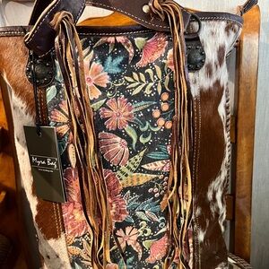 Myra Bag Leather Cowhide Tote with Fringe Multicolor Floral Panel Large Bag